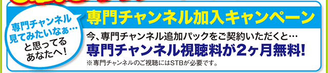 専門チャンネル見てみたいなぁ・・・と思っているあなたへ！
専門チャンネル加入キャンペーン
今、専門チャンネル追加パックをご契約いただくと・・・
専門チャンネル視聴料が2ヶ月無料！
※専門チャンネルのご視聴にはSTBが必要です。