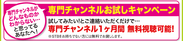 専門チャンネルがどんなものかわからない・・・と思っているあなたへ！
専門チャンネルお試しキャンペーン
試してみたい！とご連絡いただくだけで・・・
専門チャンネル1ヶ月間　無料視聴可能！
※STBをお持ちではない方には無料でお貸しします。